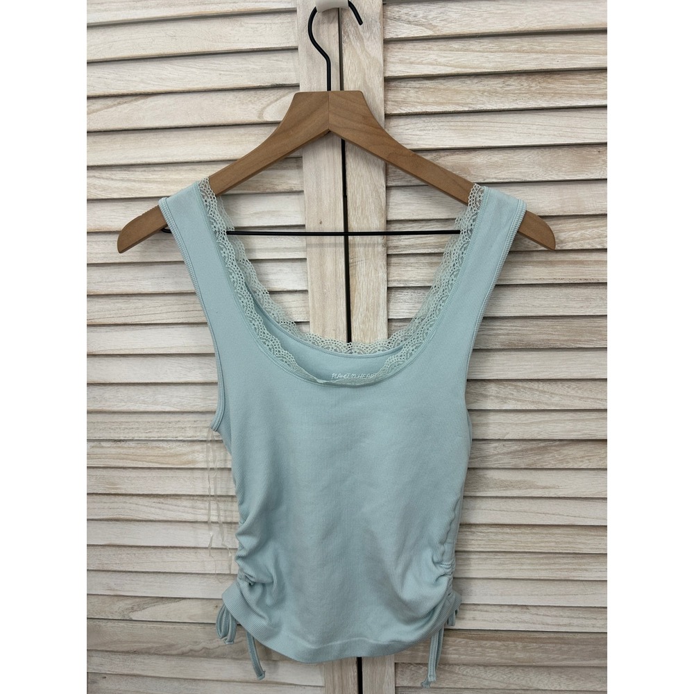 Planet Heart Ruched Lace Trim Tank Top M Baby Blue Women Seamless Ribbed
